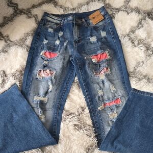 Cato Blue Distressed Jeans with Red Details
